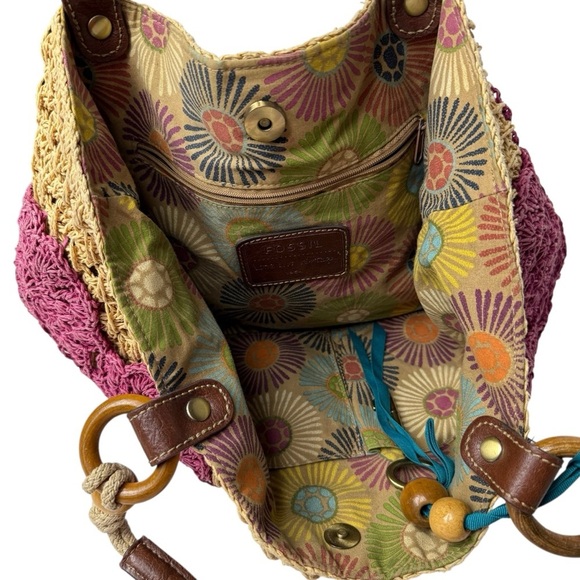 Fossil Long Live Vintage Raffia Straw Tote Bag Purse Leather Boho Beach Vacation - Picture 2 of 13